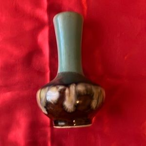 Small pottery vase with dripping paint design green brown tan